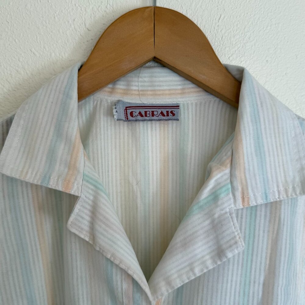 Vintage Cabrais Striped White and Pastel Button Down 3/4 Doleman Sleeve Medium